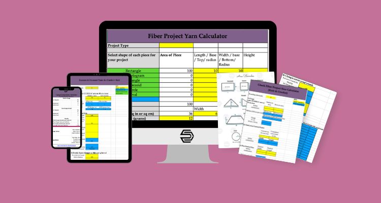 A desktop monitor, tablet, and smartphone display a "Fiber Project Yarn Calculator" spreadsheet—perfect for planning your 24 days of quickies. Two printed worksheets with charts and geometric shapes are shown on either side, all on a pink background. -Marly Bird