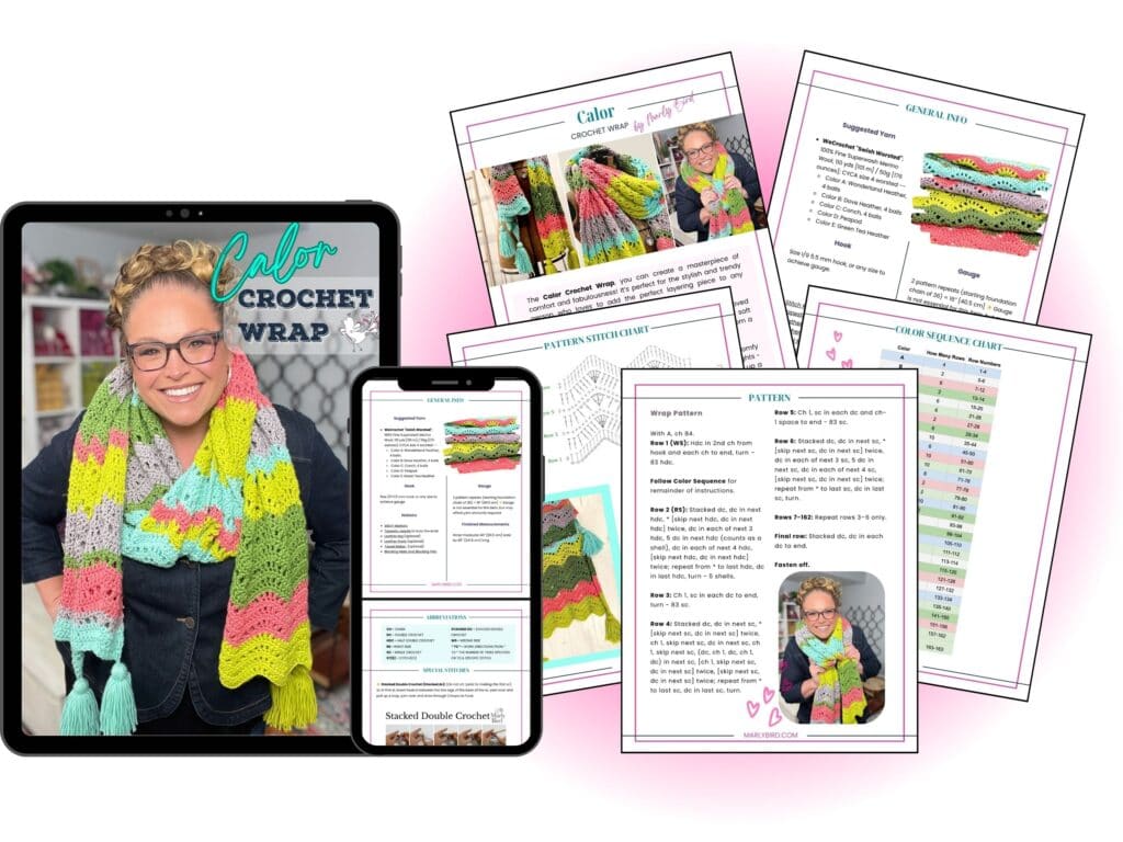 A digital display shows a smiling woman wearing a colorful Crochet Chevron Wrap Pattern. Surrounding her are tablet and phone screens, alongside pages featuring free crochet patterns, instructions, diagrams, and vibrant images of the Calor Wrap. -Marly Bird