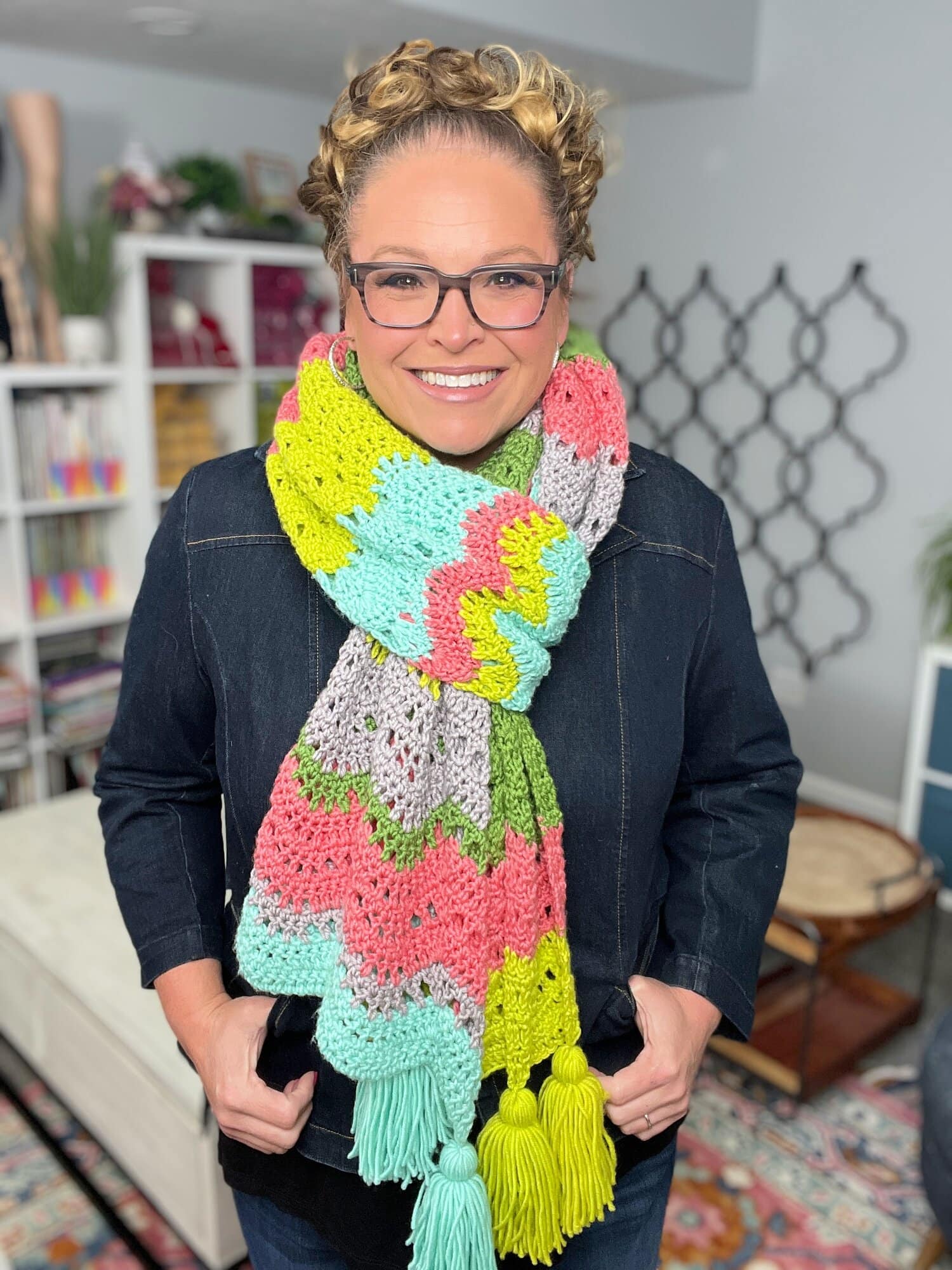 Colorful crochet chevron wrap made with Knit Picks Swish Worsted yarn in five colors.