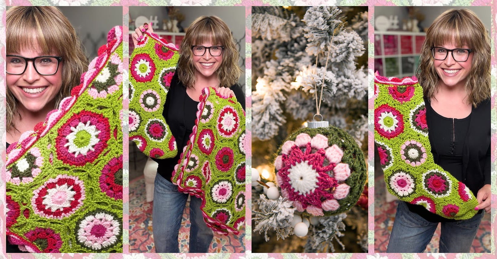 Candy Pop Christmas Crochet Set — stocking, ornament, and blanket together