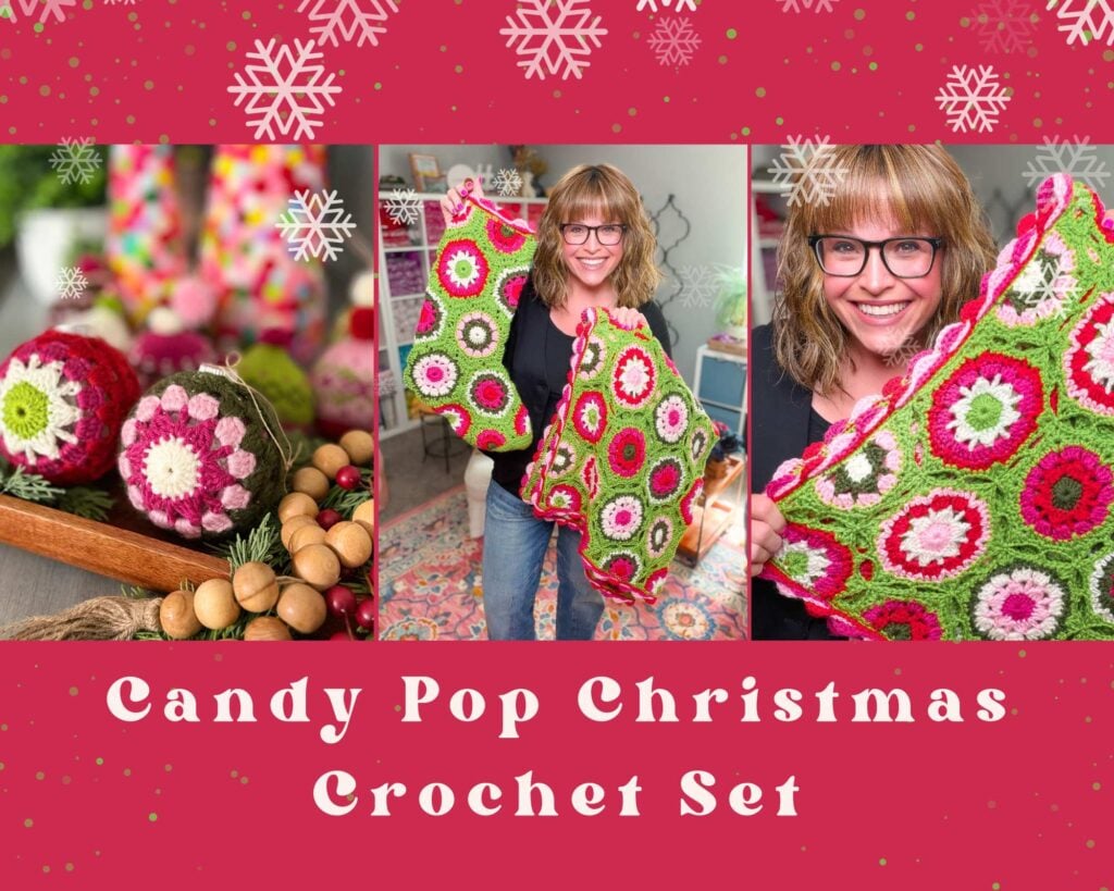 Candy Pop Christmas Crochet Set — coordinated ornament, stocking, and blanket