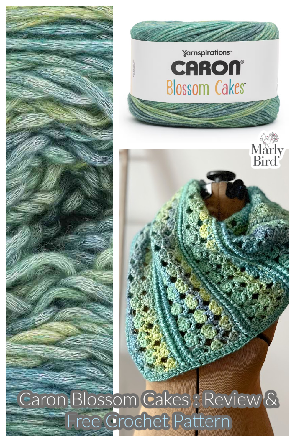Close up of Caron Cotton Cake Yarn in green color, crochet shawl sample shown on a mannequin, image of a ball of caron cake yarn - Marly Bird logo