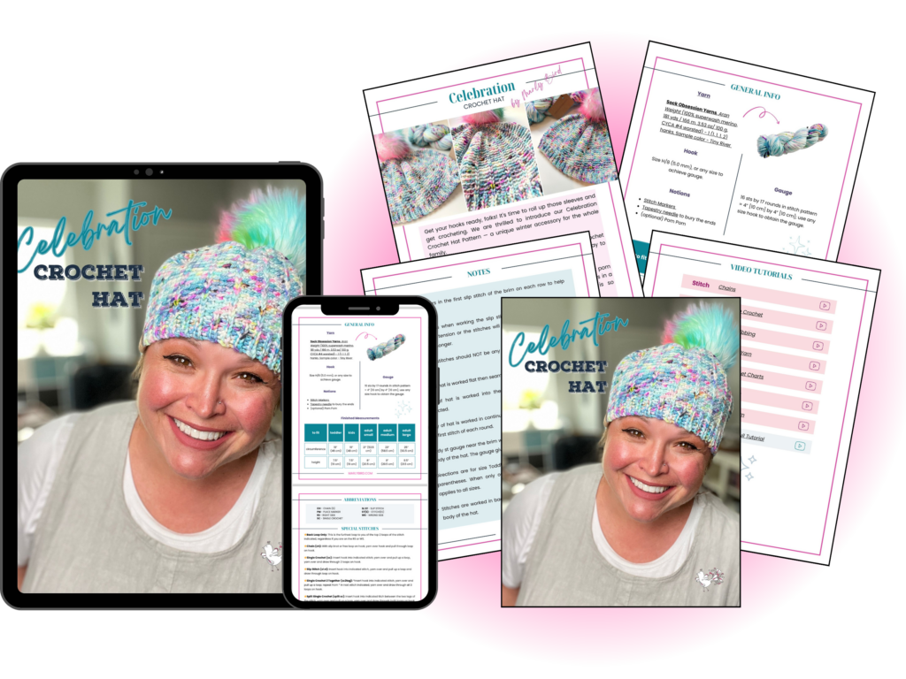 A smiling person wearing a colorful crochet hat with a pom-pom is displayed on a tablet, smartphone, and printed pattern on paper. The free pattern includes instructions, materials list, and images of the completed knit-look hat. The background is a bright pink circle. -Marly Bird