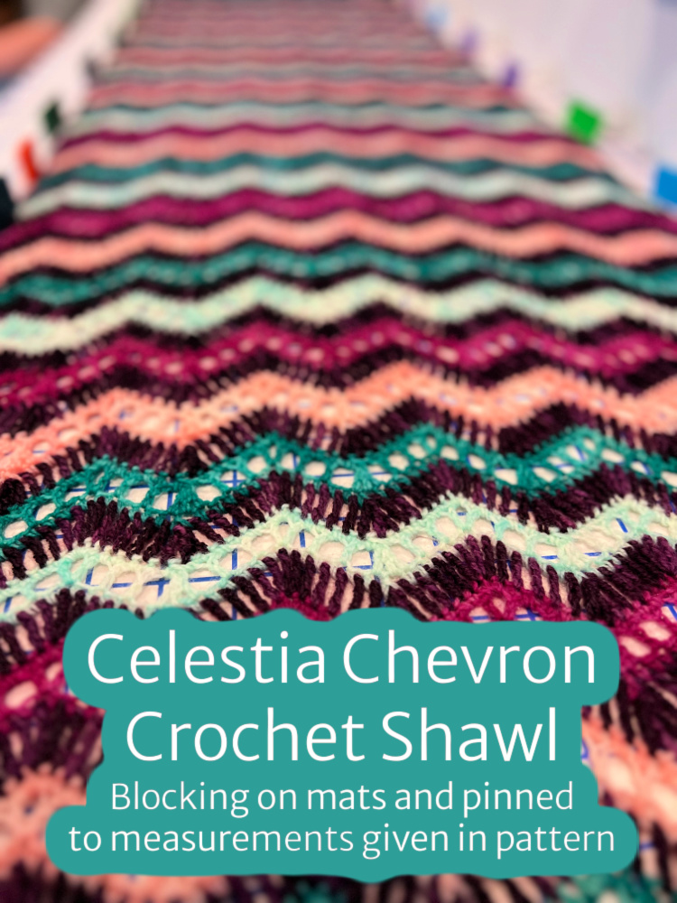 Celestina Chevron Crochet Shawl - Fingering Weight Yarn Blocking on a blocking mat and pinned in place to the measurements given in the free crochet shawl pattern - Marly Bird. Crochet with fingering weight yarn.