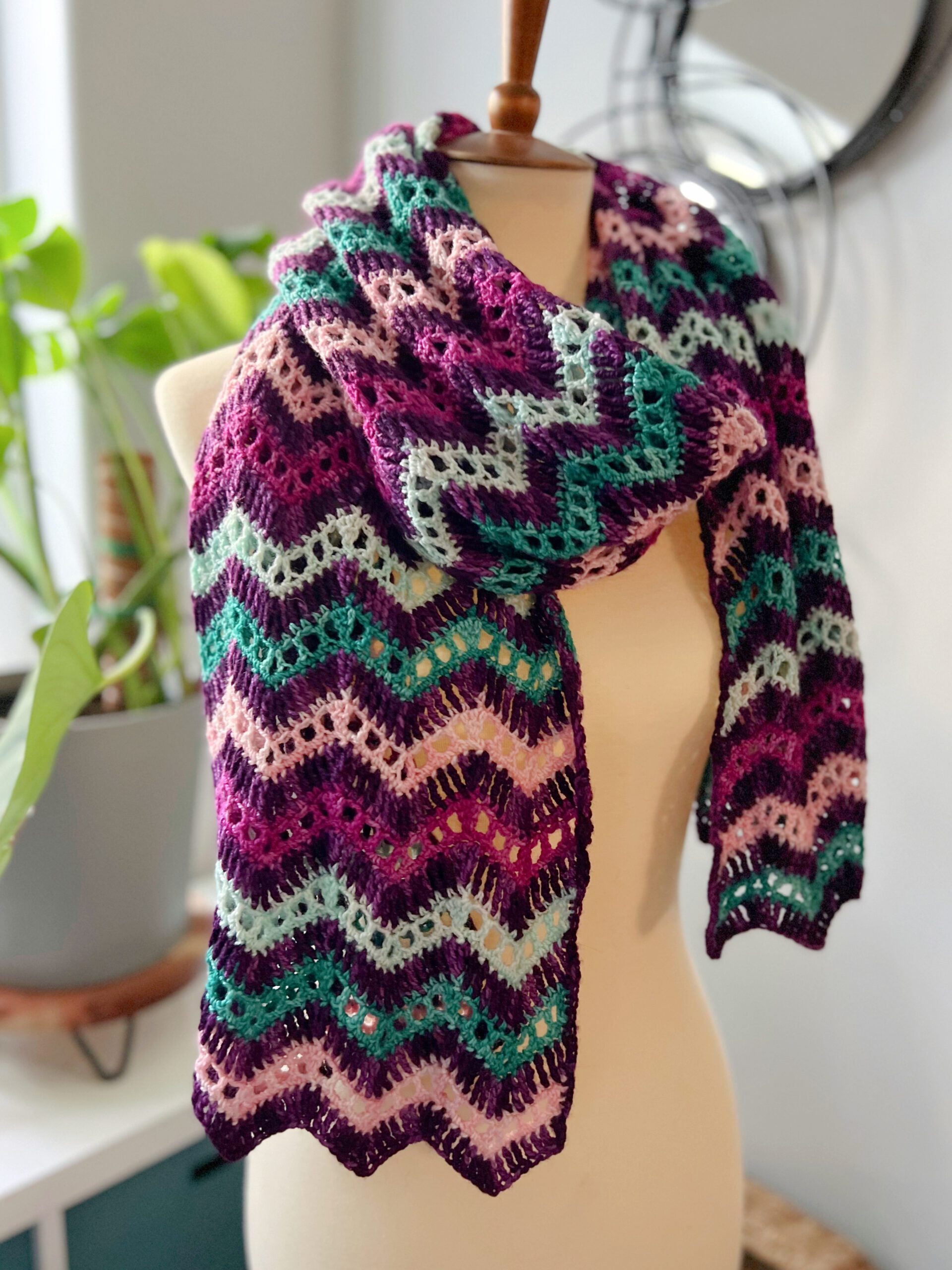 Wide chevron crochet shawl on mannequin in 5 colors - Marly Bird