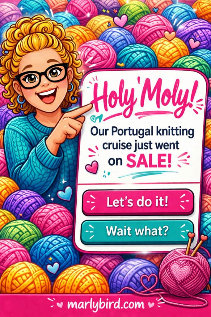 Curly-haired woman with colorful yarn balls gestures to a knitting cruise sign; detailed textures and soft wool are visible.