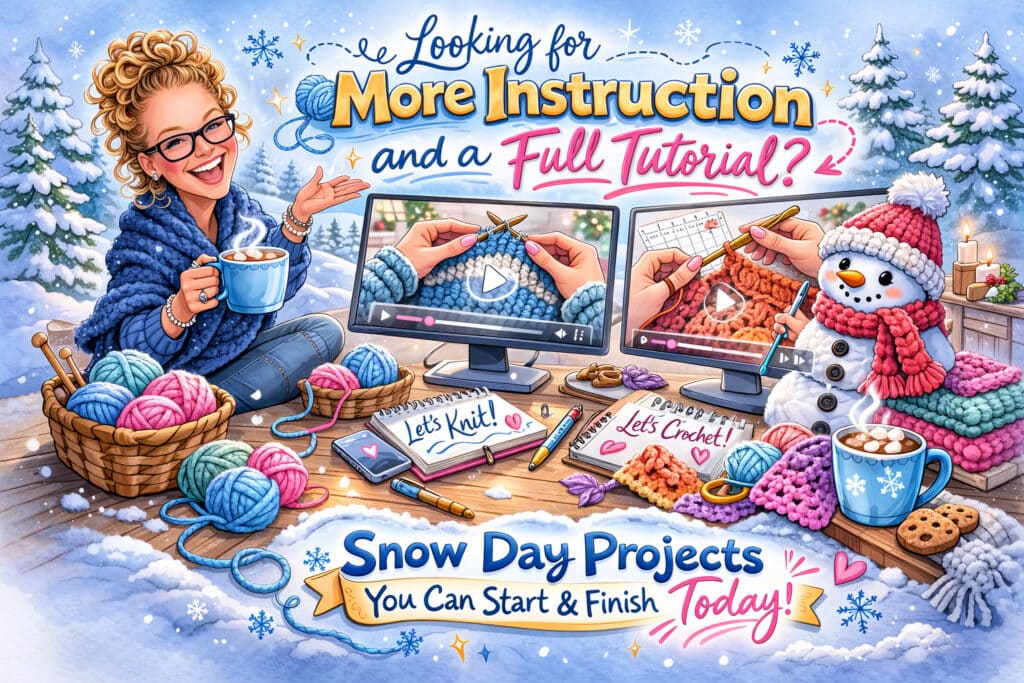 Woman knits by window with tea; monitors show close-ups of knitting and crochet. Yarn, hook, and crocheted snowman on table.