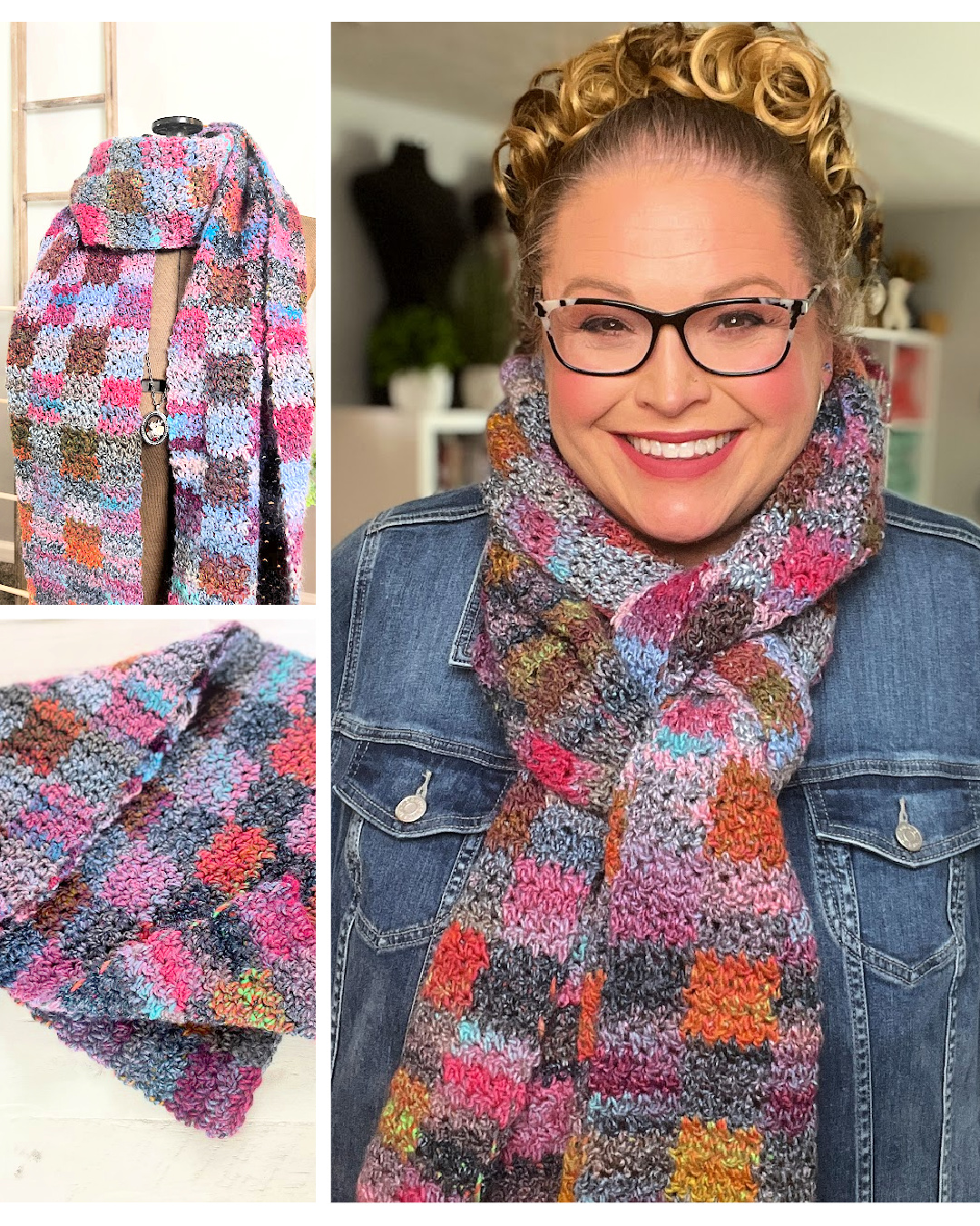 Collage image: Left side shows a colorful, chunky knit scarf with a checkered pattern. Right side features a person wearing the same plaid crochet scarf, smiling and dressed in a denim jacket with hair styled in curls. Background includes various decor items. -Marly Bird