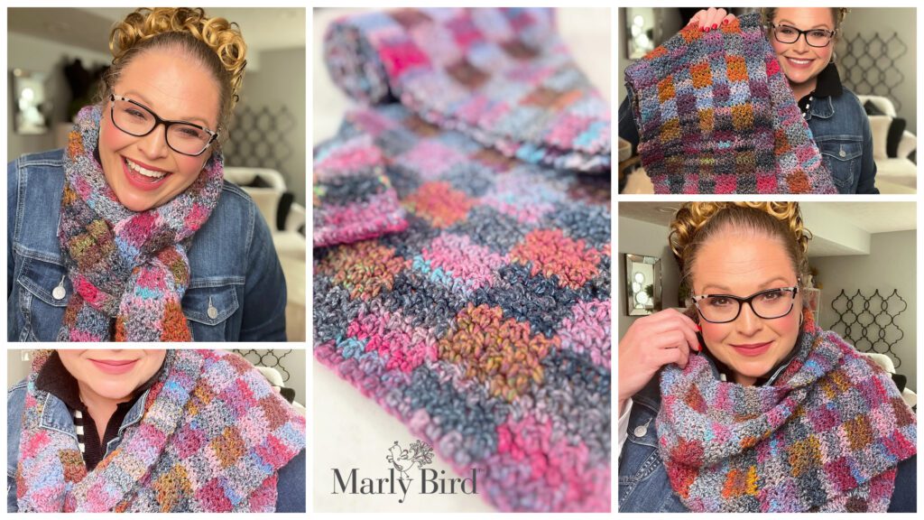 A woman with glasses and curly hair wears a colorful, handmade crochet scarf. There are multiple images showing her smiling and posing with the vibrant patchwork scarf in different ways. The Marly Bird logo is visible. Check out the free pattern and video tutorial to create your own DIY plaid crochet scarf! -Marly Bird