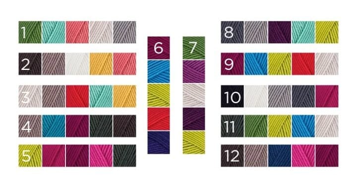 A chart with 12 rows of colored yarn swatches, each row numbered 1 to 12. Two vertical columns of box mosaic stitches knitting, numbered 6 and 7 in the center, highlight color variations for easy comparison. -Marly Bird