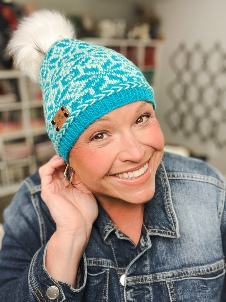 Finished Chill Out Winter Hat showing Fair Isle colorwork crown — free knitting pattern by Marly Bird