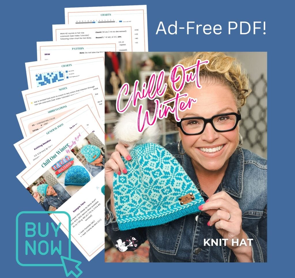 Chill Out Winter Hat ad-free PDF pattern mockup — downloadable knitting pattern by Marly Bird