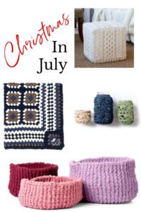 Free crochet and knit pattern roundup: Top right - cream knit cabled ottoman cover, middle left - blue, cream, grey granny square blanket, middle right - 3 mason jar covers (cream, blue, grey), bottom - garter knit bowls (red, pink, lilac) - Marly Bird