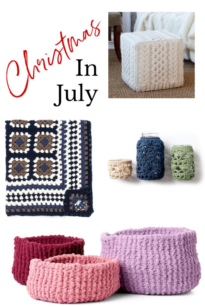 Free crochet and knit pattern roundup: Top right - cream knit cabled ottoman cover, middle left - blue, cream, grey granny square blanket, middle right - 3 mason jar covers (cream, blue, grey), bottom - garter knit bowls (red, pink, lilac) - Marly Bird 