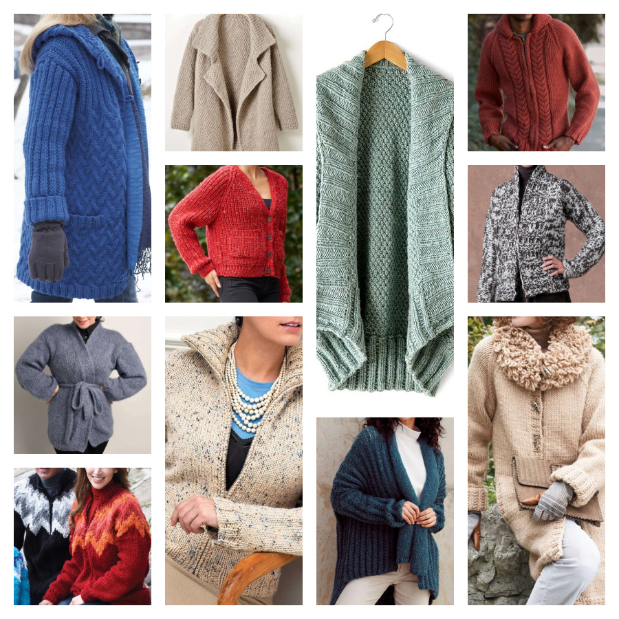 11 Knit bulky cardigans in various lengths and colors. Featuring collars, hoods, pockets, and more. Marly Bird.