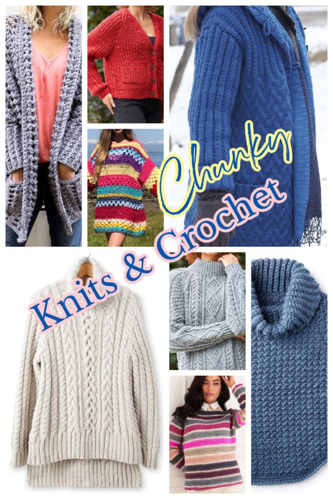 Knit and crochet chunky sweaters roundup - various knit and crochet sweaters and cardigans knit or crocheted in bulky yarns in shades of greys, blues, and rainbow. Marly Bird