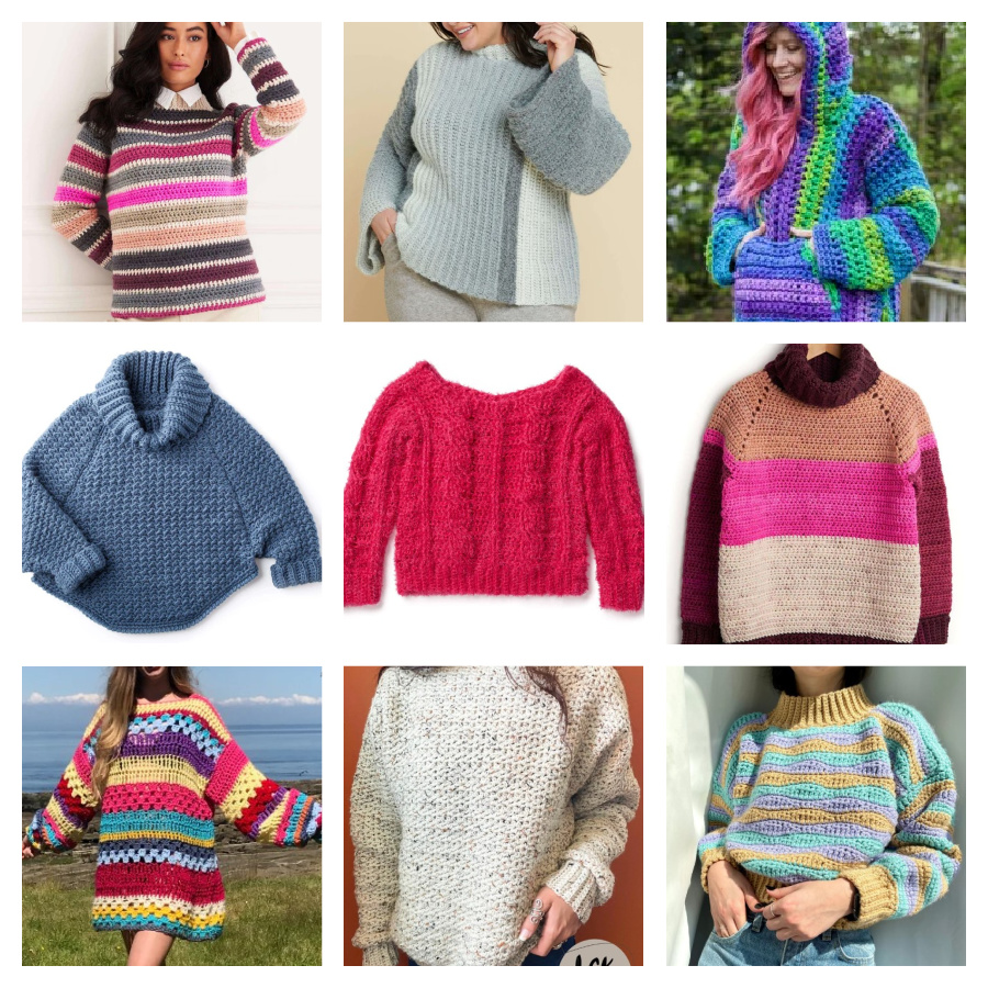 9 Chunky crochet sweaters in shades of pinks, blues, greys and rainbow. Marly Bird 