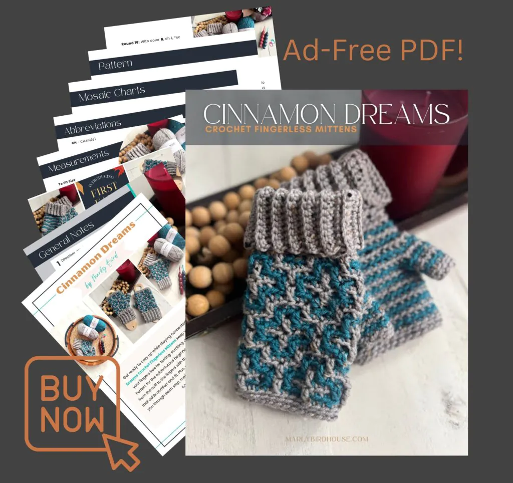 Gray and teal crochet mosaic fingerless mittens shown with close-up stitch detail and pattern pages on a gray background.