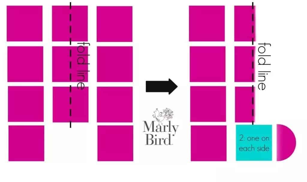 Diagram presenting a sheet of paper with a fold line. The paper features 12 pink squares in three rows of four, resembling a crochet granny square pattern. The vertical fold line divides them into two columns. "Marly Bird" logo is centered, hinting at a free stocking pattern inspiration. -Marly Bird