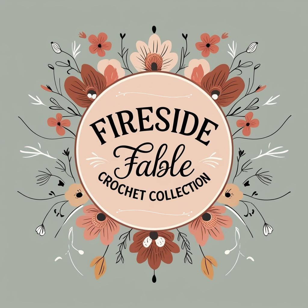 A round sign with “Fireside Fable Crochet Collection” surrounded by illustrated red, orange, and cream flowers and leaves on a muted green background. -Marly Bird