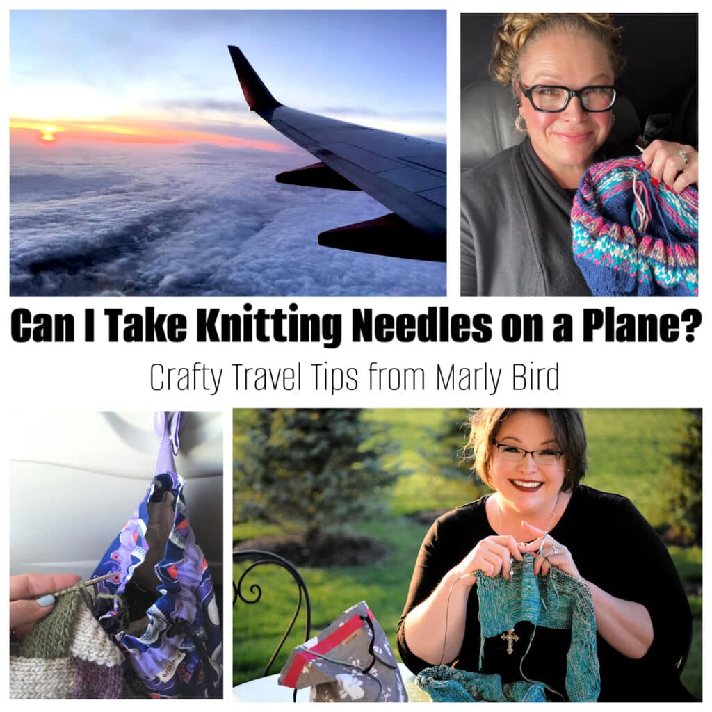 Collage showing a woman knitting outdoors, close hands working yarn, tools displayed, and plane wing over clouds above.