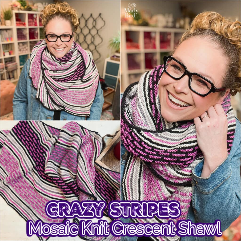 A smiling woman with glasses models a vibrant Knit Crescent Shawl featuring colorful stripes and mosaic patterns in pink, purple, black, and white. A close-up highlights the shawl’s rich texture. Text reads: “CRAZY STRIPES Mosaic Knit Crescent Shawl.”. -Marly Bird