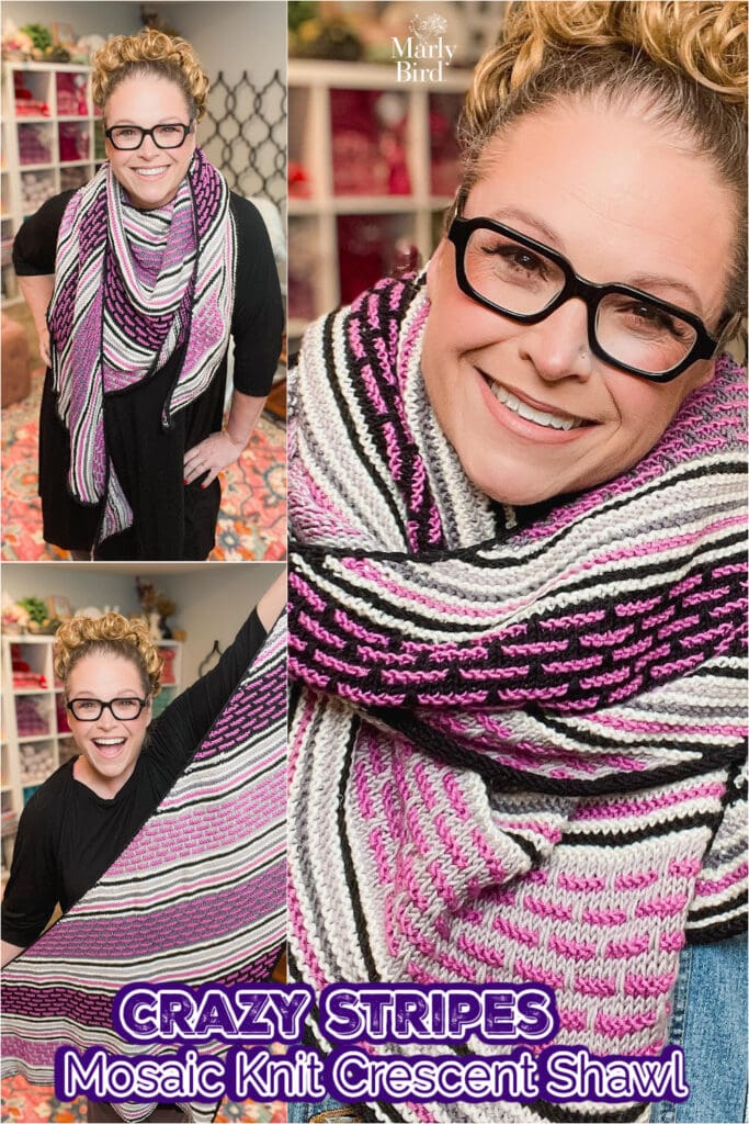 A woman with glasses and curly hair models a large striped shawl in shades of pink, purple, black, and white. The text reads "CRAZY STRIPES Mosaic Knit Crescent Shawl," a beginner mosaic knitting pattern using box mosaic stitches. -Marly Bird