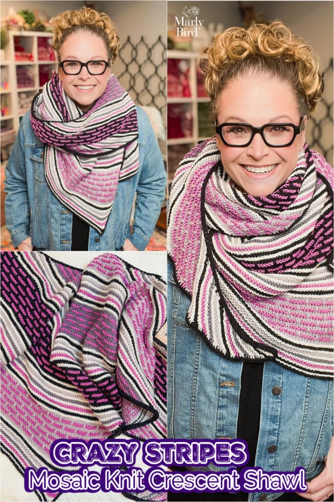 A smiling woman wearing glasses and a denim jacket models a large, striped Knit Crescent Shawl in shades of pink, purple, black, and white. The text reads: "CRAZY STRIPES Mosaic Knit Crescent Shawl. -Marly Bird