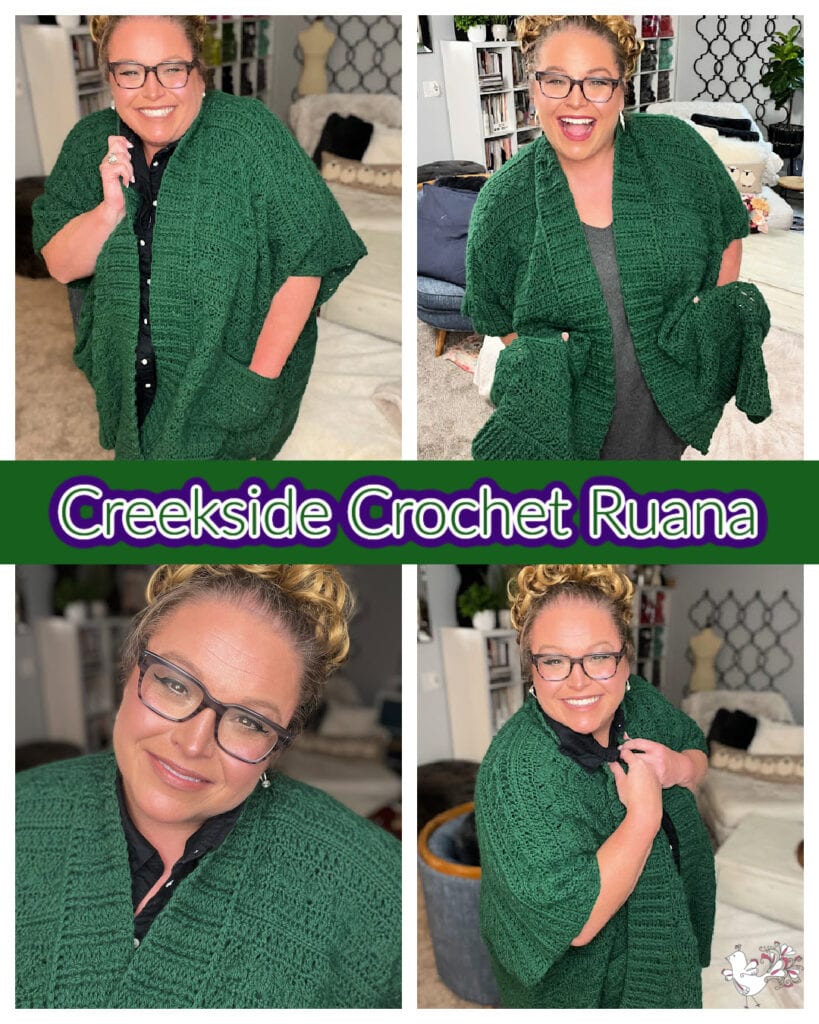 A woman models a green crochet ruana in four different poses. She smiles and holds the garment, showcasing its intricate crochet ruana pattern with texture and style. Text reads "Creekside Crochet Ruana." The background includes home decor elements. -Marly Bird