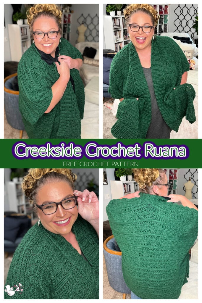 A person wearing a green crochet ruana poses in a cozy living room. The collage, featuring a playful dog peeking in one image, showcases different angles of the garment. Text reads: "Creekside Crochet Ruana Free Pattern." Perfect for those seeking a trendy crochet ruana pattern. -Marly Bird