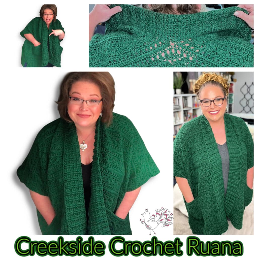 Collage featuring the Creekside Crochet Ruana pattern. Two women model the green knit garment with large pockets, highlighting its intricate design. Close-up details capture the exquisite crochet work, accompanied by a small cartoon of a character holding yarn. -Marly Bird