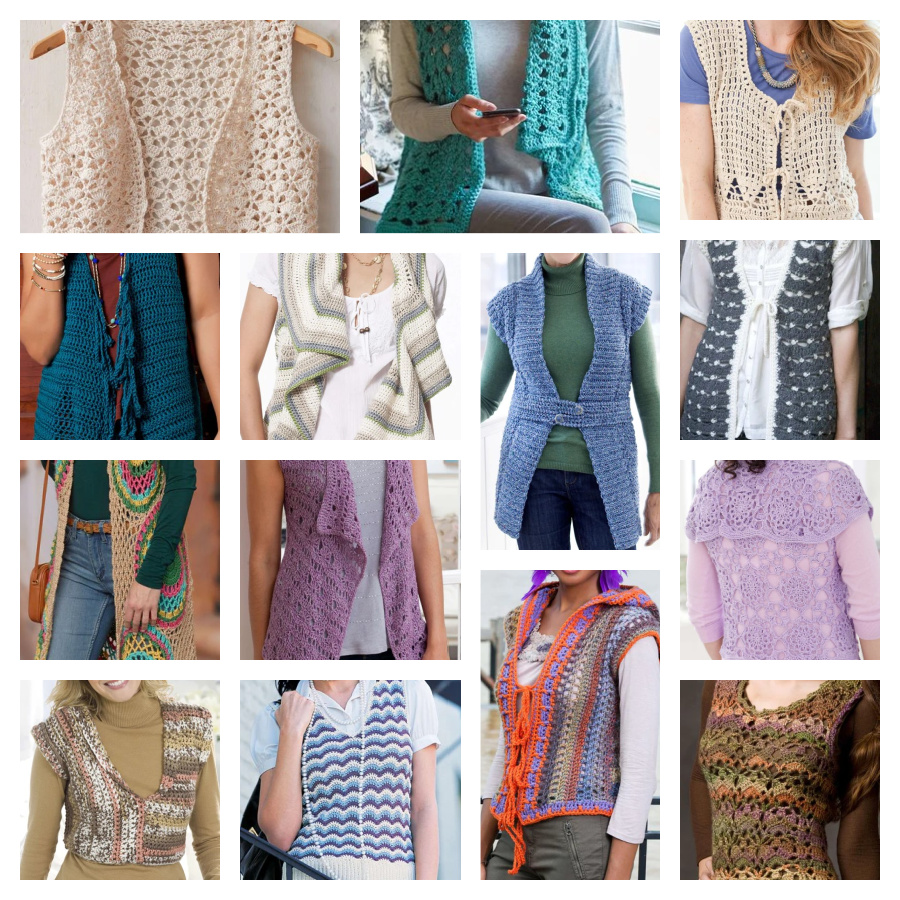 Photo collage of 14 women's crochet vest patterns available through links on this page. Marly Bird