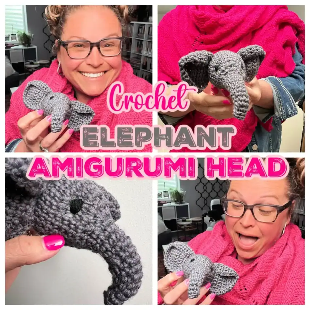 A woman with glasses and a pink scarf holds and displays a crocheted gray elephant amigurumi head, smiling in different poses. The text reads: “Crochet Elephant Amigurumi Head—find more free knitting and crochet patterns.”. -Marly Bird