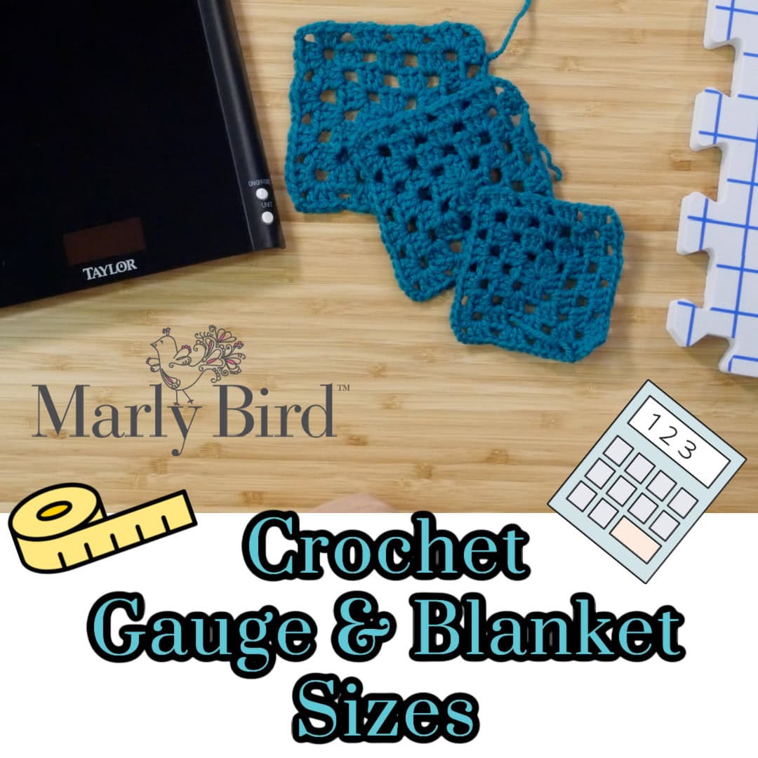 A digital scale, three blue crochet granny squares, a yellow tape measure, and a white crochet blocking mat sit on a wooden surface with the text "Crochet Gauge & Blanket Sizes," featuring a handy gauge swatch crochet guide and the "Marly Bird" logo. -Marly Bird