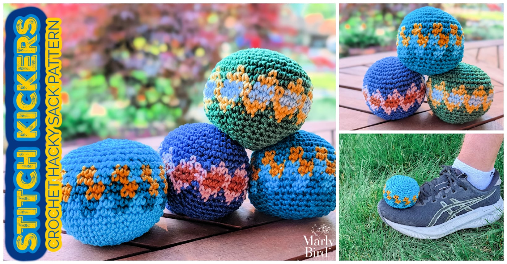 Stitch Kickers crochet hacky sack pattern - multiple colorful crocheted hacky sacks on outdoor wooden deck