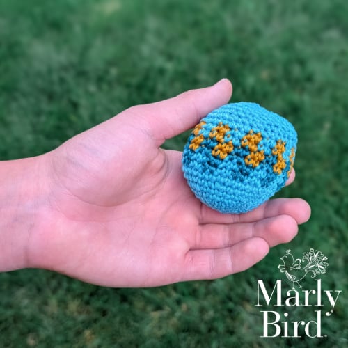 Stitch Kickers crochet hacky sack size comparison - 2.5 inch finished diameter