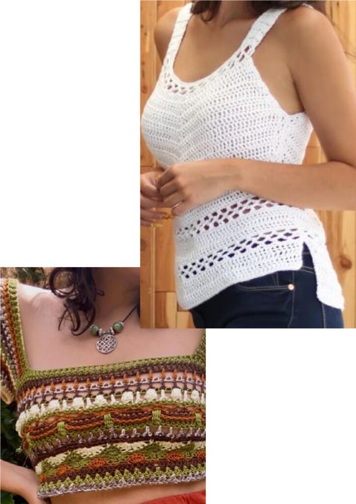 2 crochet tank tops - top right - white scoop neck tank on woman wearing dark blue jeans, bottom left - earthy shades square neck crop tank with heavily textured stitch patterns (green, rust, cream, light grey, brown) - Marly Bird