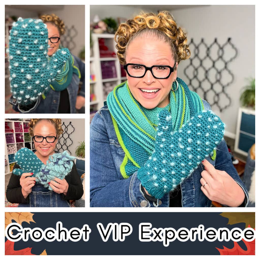A smiling woman with curly hair and glasses, wearing a blue scarf and denim jacket, displays a chunky crocheted mitten. The collage features close-ups and highlights the "First Fall 2025 Knit and Crochet Make-Along: Crochet VIP Experience. -Marly Bird