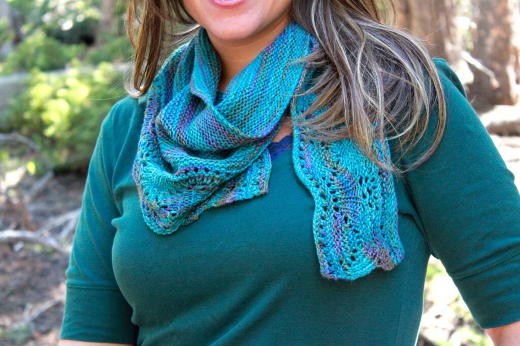 Culebra Peak knit lace shawl, showing mountain-inspired openwork lace pattern and gentle triangle drape.