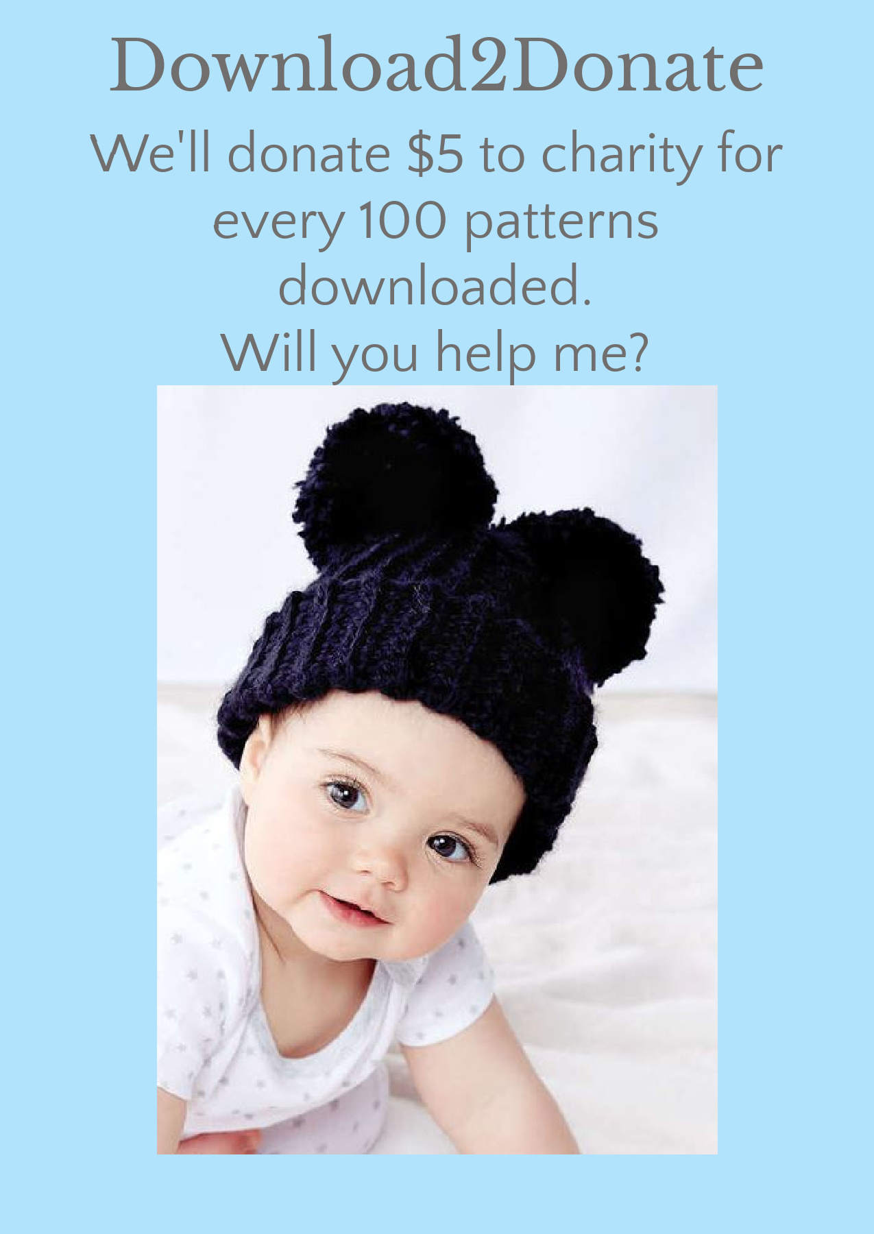 Baby wearing navy blue pompom hat - free pattern in Download2Donate pattern roundup by Yarnspirations - Marly Bird