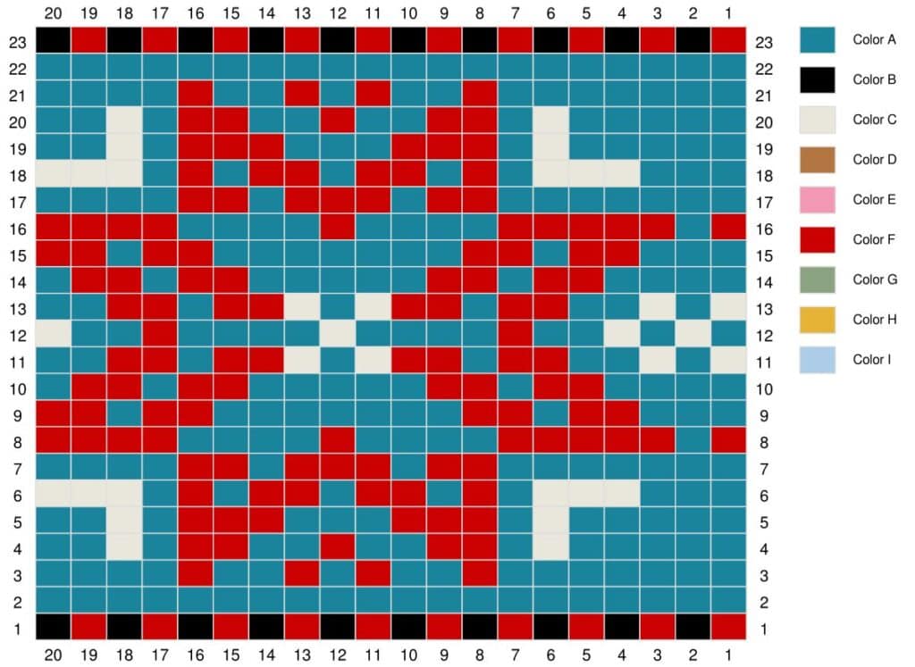 A symmetrical, grid-based pattern chart for Chart 2: Dixen's Delight Knit Cowl with red, teal, cream, and white blocks. The grid is labeled 1–23 on two sides, a color key (Colors A–I) sits on the right, and geometric shapes fill the design. -Marly Bird