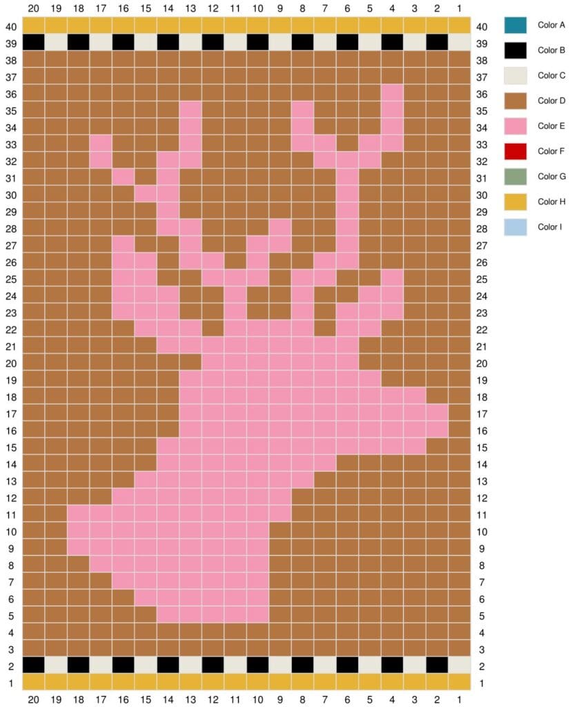 A pixel art knitting pattern chart, Chart 3: Dancer's Delight, displays a pink silhouette of a deer head with antlers centered on a brown background, bordered at the top and bottom with single rows for a stylish Knit Cowl. -Marly Bird
