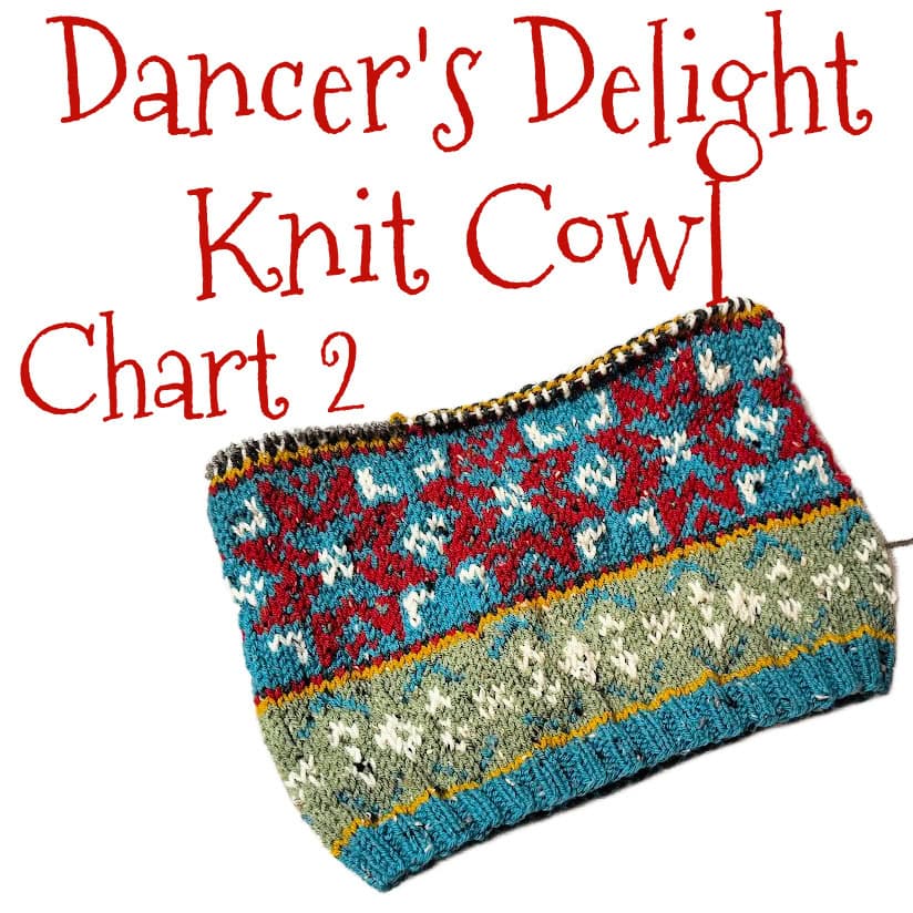 A colorful knitted cowl with red, blue, white, and yellow geometric patterns appears below red text that reads "Dancer's Delight Knit Cowl Chart 2"—part of the stunning Dixen Delight Knit Cowl Chart 2 collection—on a white background. -Marly Bird