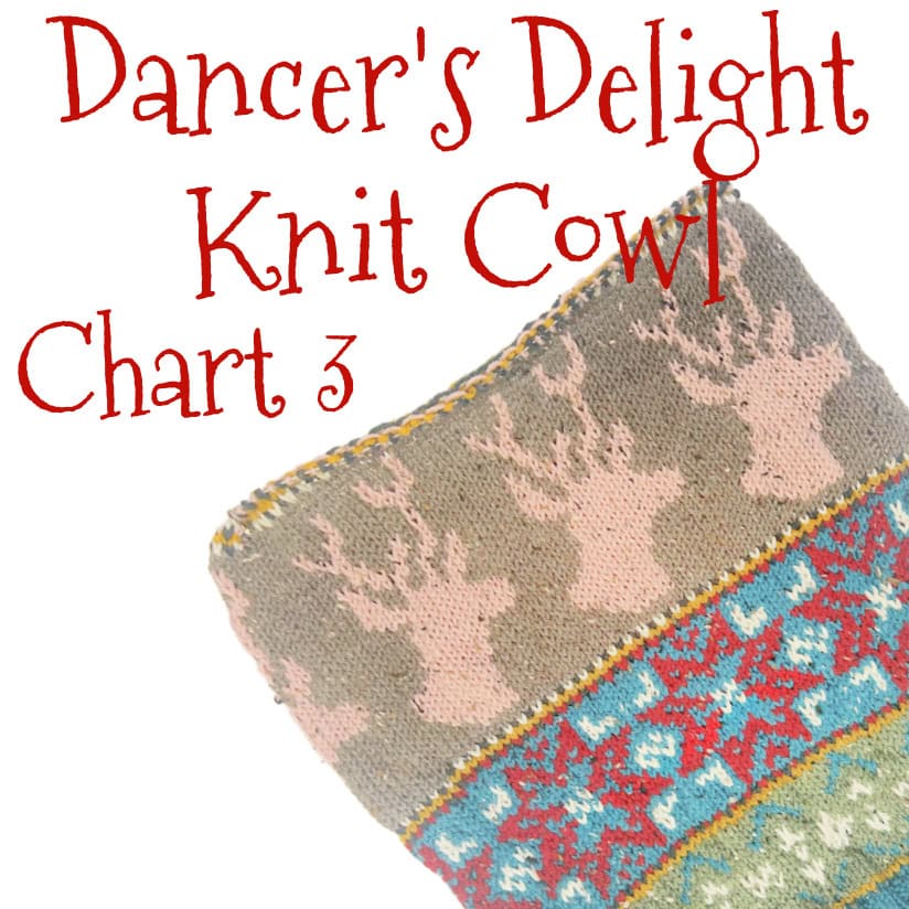 Colorful knitted and crochet cowl featuring deer and geometric patterns, with bold red text reading "Dancer's Delight Knit Cowl Chart 3"—a perfect accessory for capturing Vixen’s Vibe. -Marly Bird