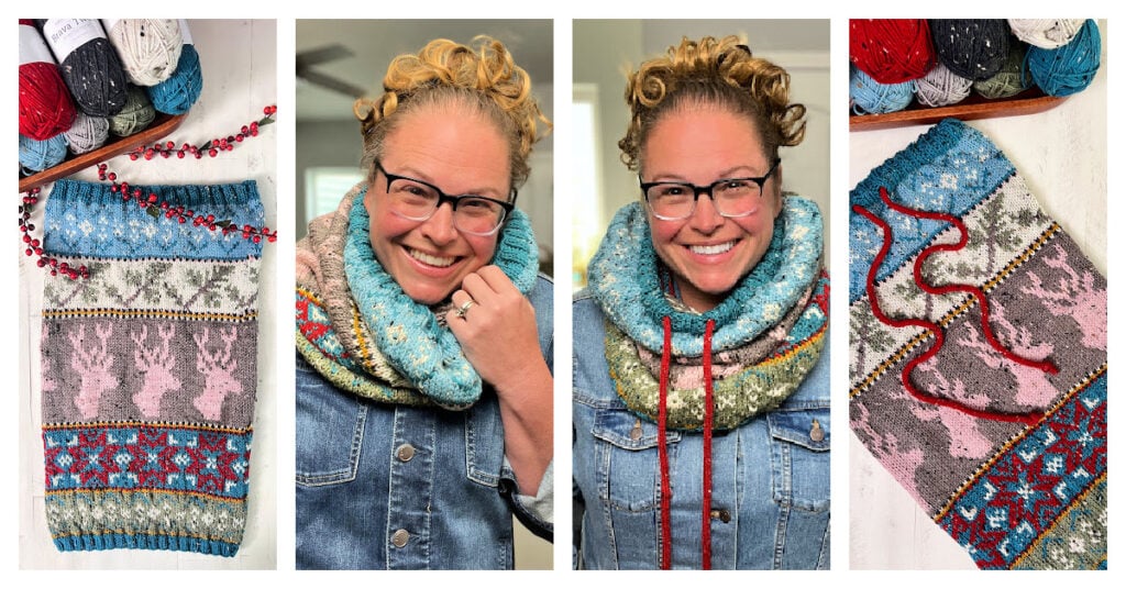 Colorful knitted cowl with reindeer and snowflakes, modeled two ways; texture and stitch detail shown, yarn balls beside flat cowl.