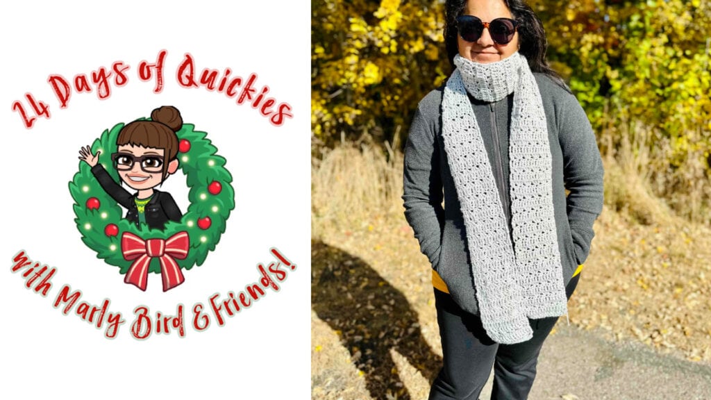A woman wearing sunglasses and a gray scarf stands outdoors on a sunny day. Next to her is a festive "24 Days of Quickies" graphic featuring a cartoon woman in a holiday wreath, celebrating with Marly Bird & Friends!. -Marly Bird