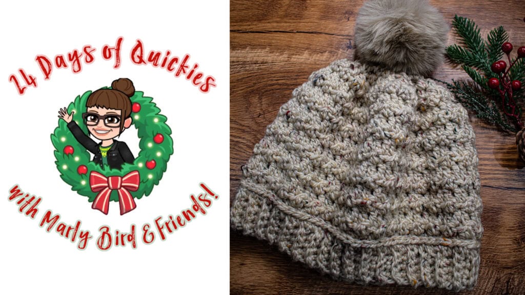 Cartoon woman in a holiday wreath with “24 Days of Quickies with Marly Bird & Friends!” beside a chunky knit hat and fluffy pom-pom, set on a wooden surface with festive greenery—celebrate 24 days of quickies in cozy style!. -Marly Bird
