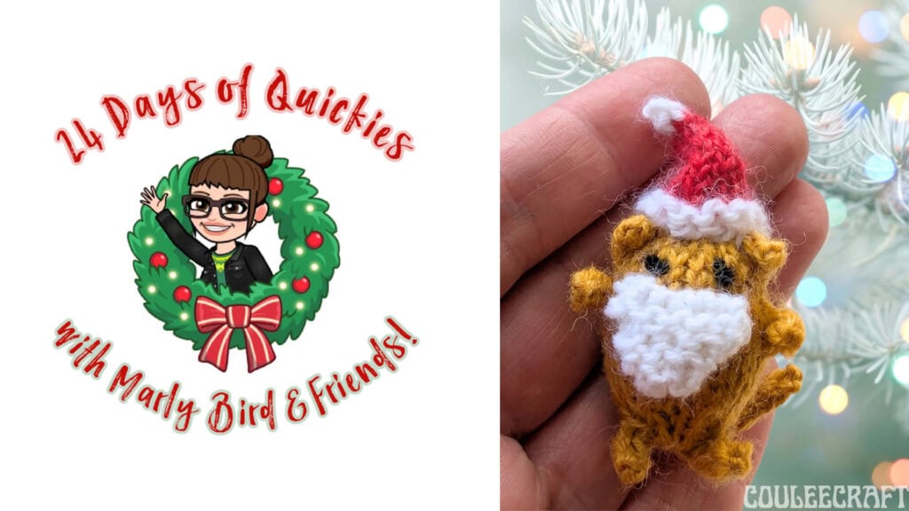 On the left, a cartoon woman with glasses and a bun peeks through a festive wreath. Text reads “24 Days of Quickies with Marly Bird & Friends!” On the right, a hand holds a tiny knitted lion in a Santa hat and mask—perfect for 24 days of quickies!. -Marly Bird