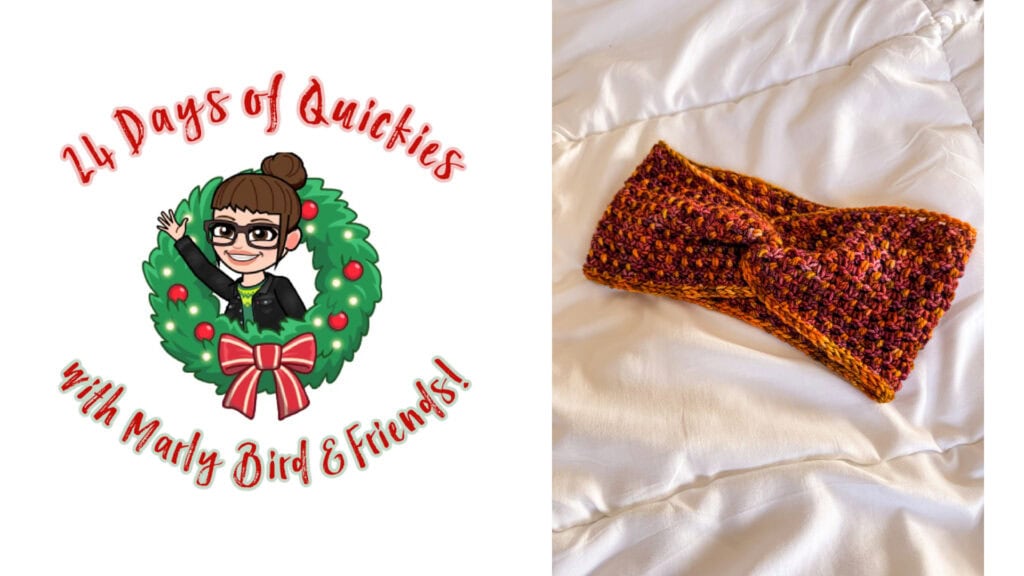 A cartoon woman in glasses holds a holiday wreath with "24 Days of Quickies with Marly Bird & Friends!" next to a chunky, orange and purple crocheted headband—perfect for joining the 24 days of quickies crochet fun!. -Marly Bird