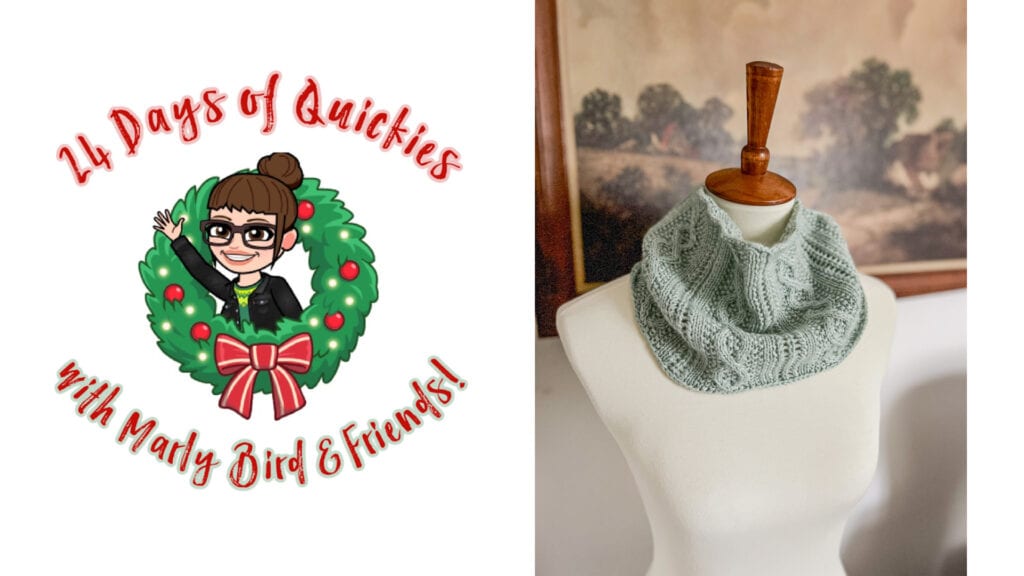 Logo for “24 Days of Quickies with Marly Bird & Friends” featuring a cartoon woman in a wreath, beside a mannequin modeling a light green knitted cowl—perfect for the 24 days of quickies celebration!. -Marly Bird